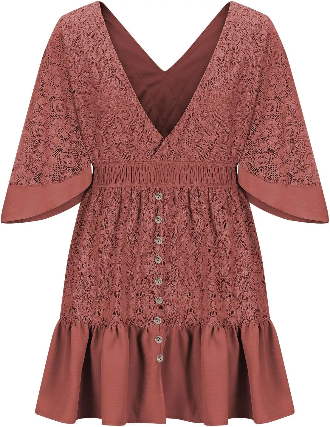 Womens Boho Floral Lace Mini Dress Deep V-Neck Smocked Waist Ruffle A-Line Dresses Casual Sexy Flared Sleeves Dress