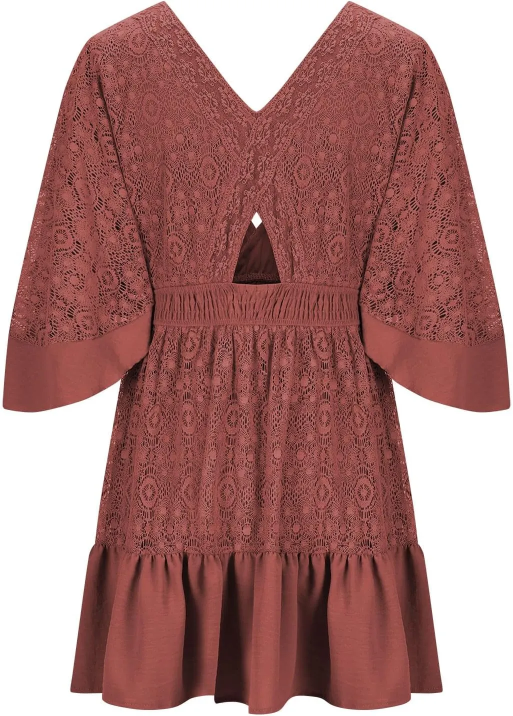 Womens Boho Floral Lace Mini Dress Deep V-Neck Smocked Waist Ruffle A-Line Dresses Casual Sexy Flared Sleeves Dress