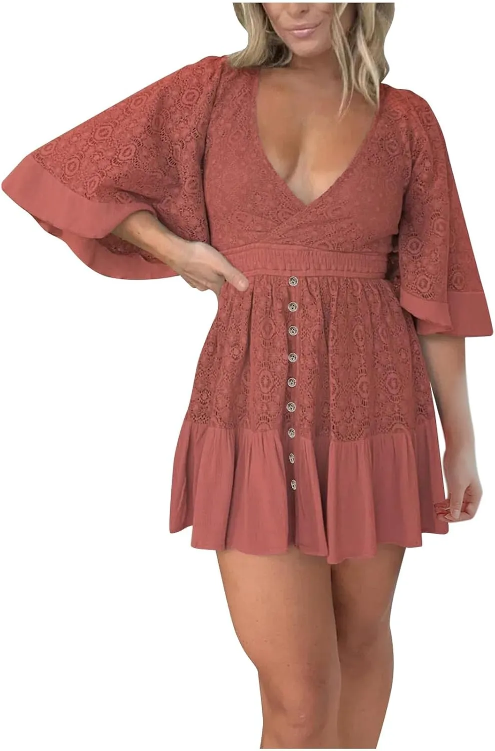 Womens Boho Floral Lace Mini Dress Deep V-Neck Smocked Waist Ruffle A-Line Dresses Casual Sexy Flared Sleeves Dress