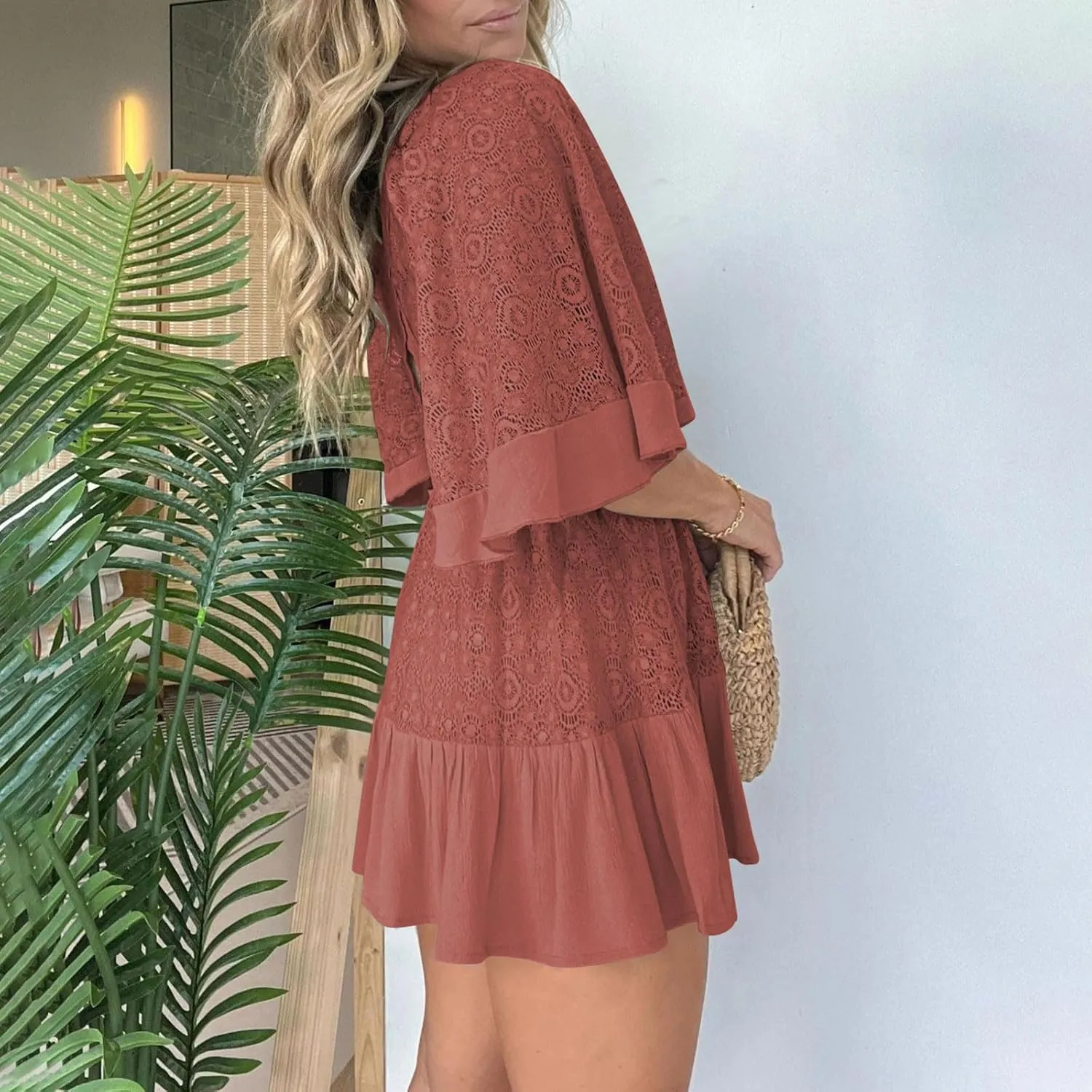 Womens Boho Floral Lace Mini Dress Deep V-Neck Smocked Waist Ruffle A-Line Dresses Casual Sexy Flared Sleeves Dress