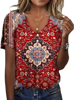 Women's Boho Floral Shirts Short Sleeve Cold Shoulder Tops Summer V-Neck Blouses Ladies Tunic Tops
