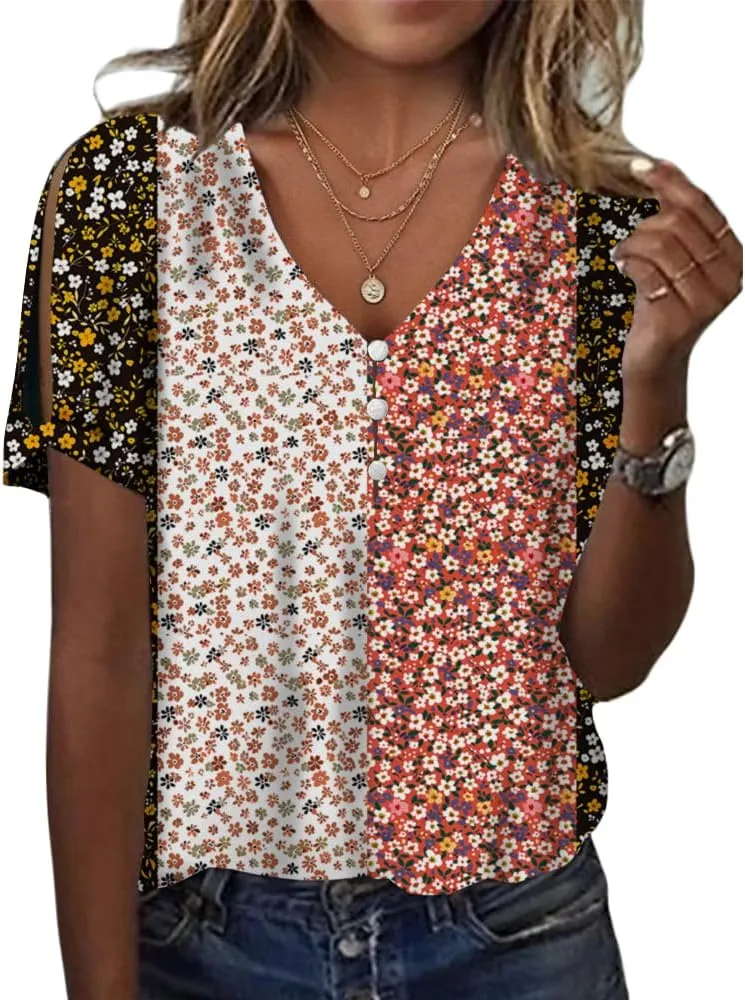 Women's Boho Floral Shirts Short Sleeve Cold Shoulder Tops Summer V-Neck Blouses Ladies Tunic Tops