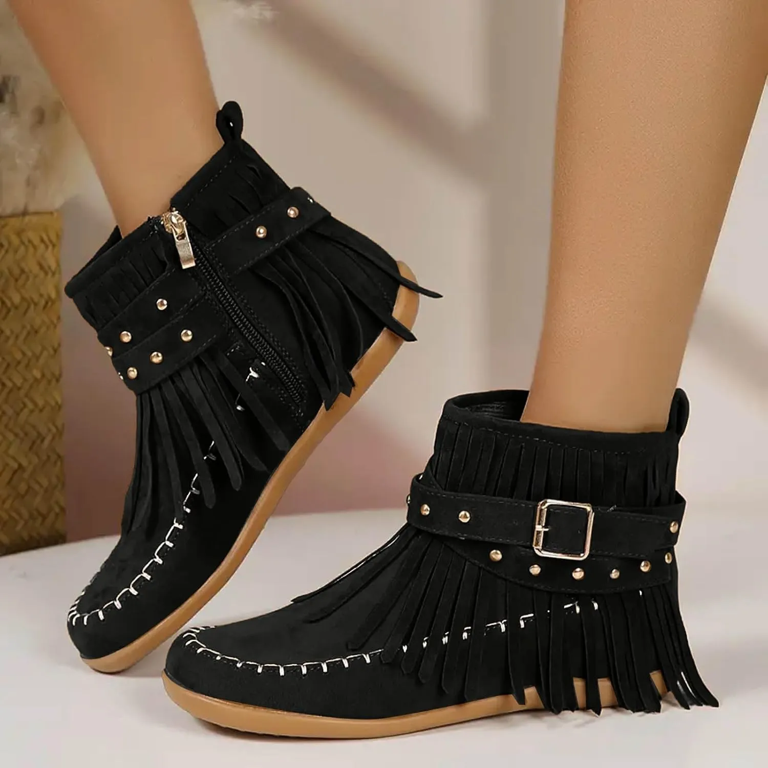 Womens Booties and Ankle Boots Flat Boots for Women Women's Fashion Color Matching Fringe Tassel Boots for Women