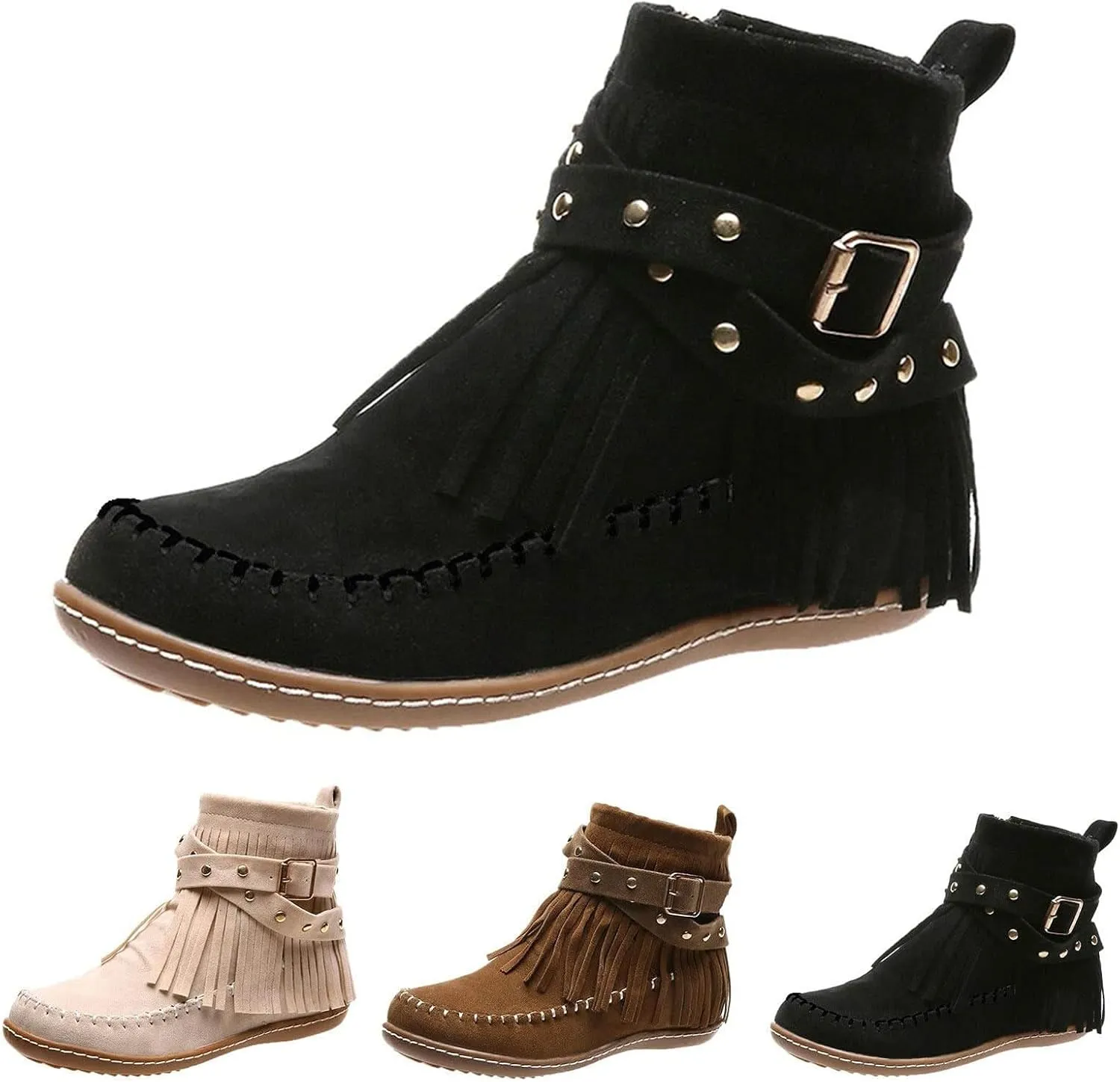 Womens Booties and Ankle Boots Flat Boots for Women Women's Fashion Color Matching Fringe Tassel Boots for Women