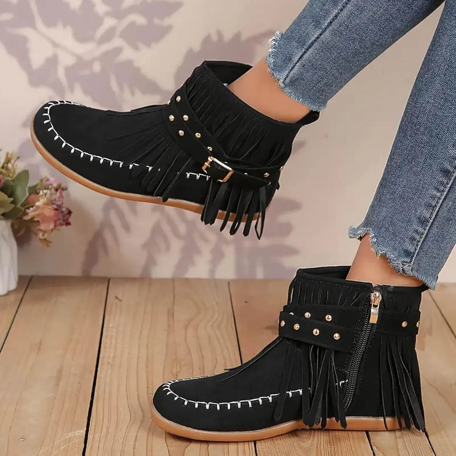 Womens Booties and Ankle Boots Flat Boots for Women Women's Fashion Color Matching Fringe Tassel Boots for Women