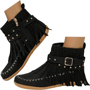 Womens Booties and Ankle Boots Flat Boots for Women Women's Fashion Color Matching Fringe Tassel Boots for Women