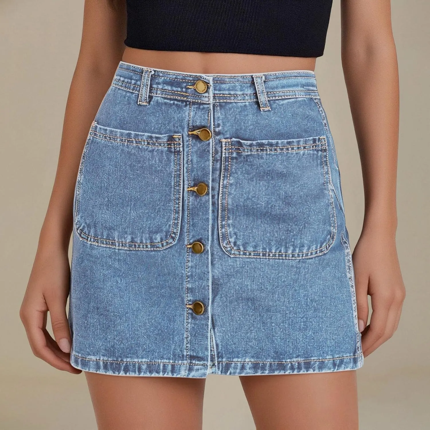 Women's Button Down High Waisted A Line Jean Stretchy Mini Denim Skirt Front Short Pencil Skirt with Pockets