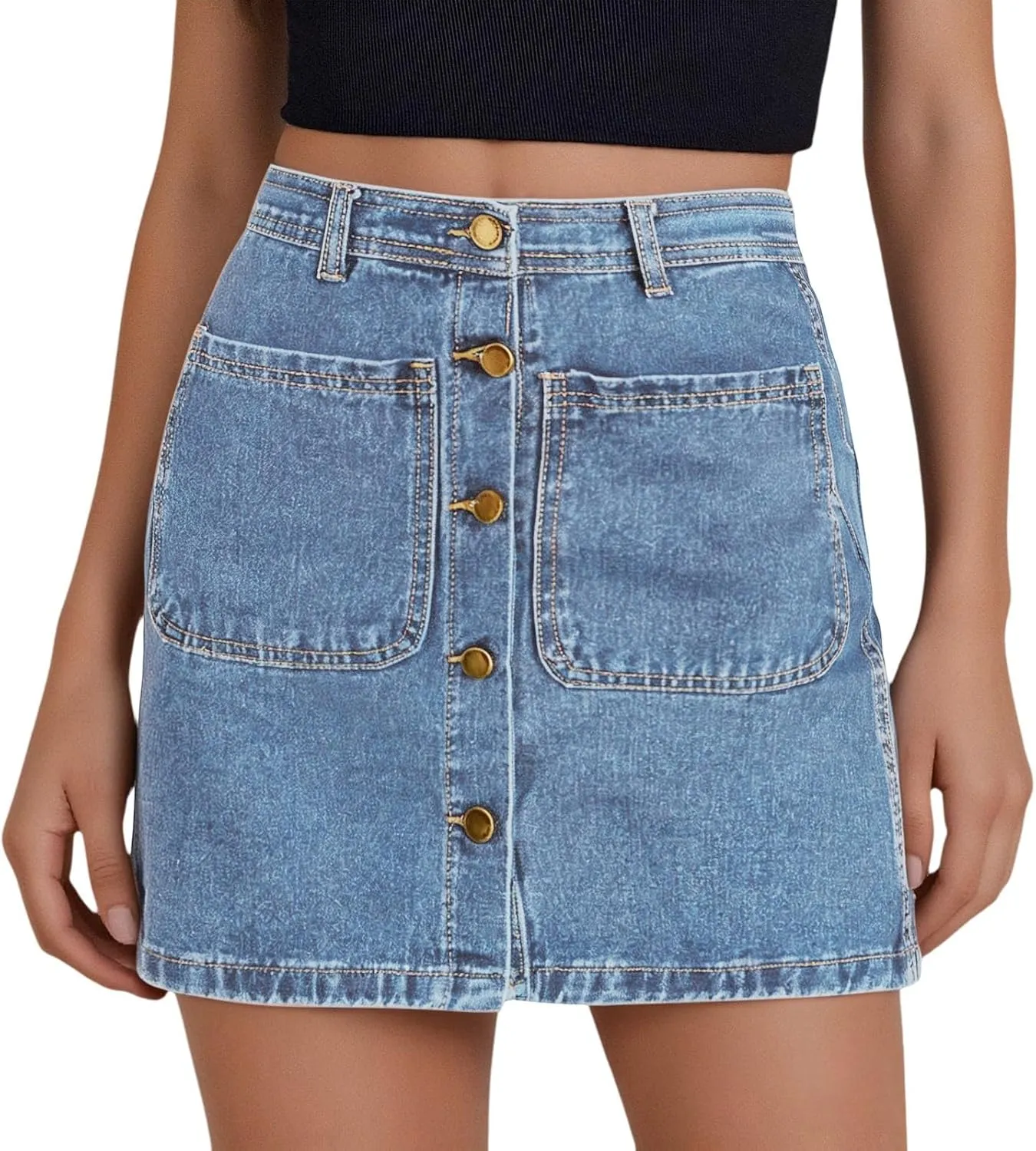 Women's Button Down High Waisted A Line Jean Stretchy Mini Denim Skirt Front Short Pencil Skirt with Pockets