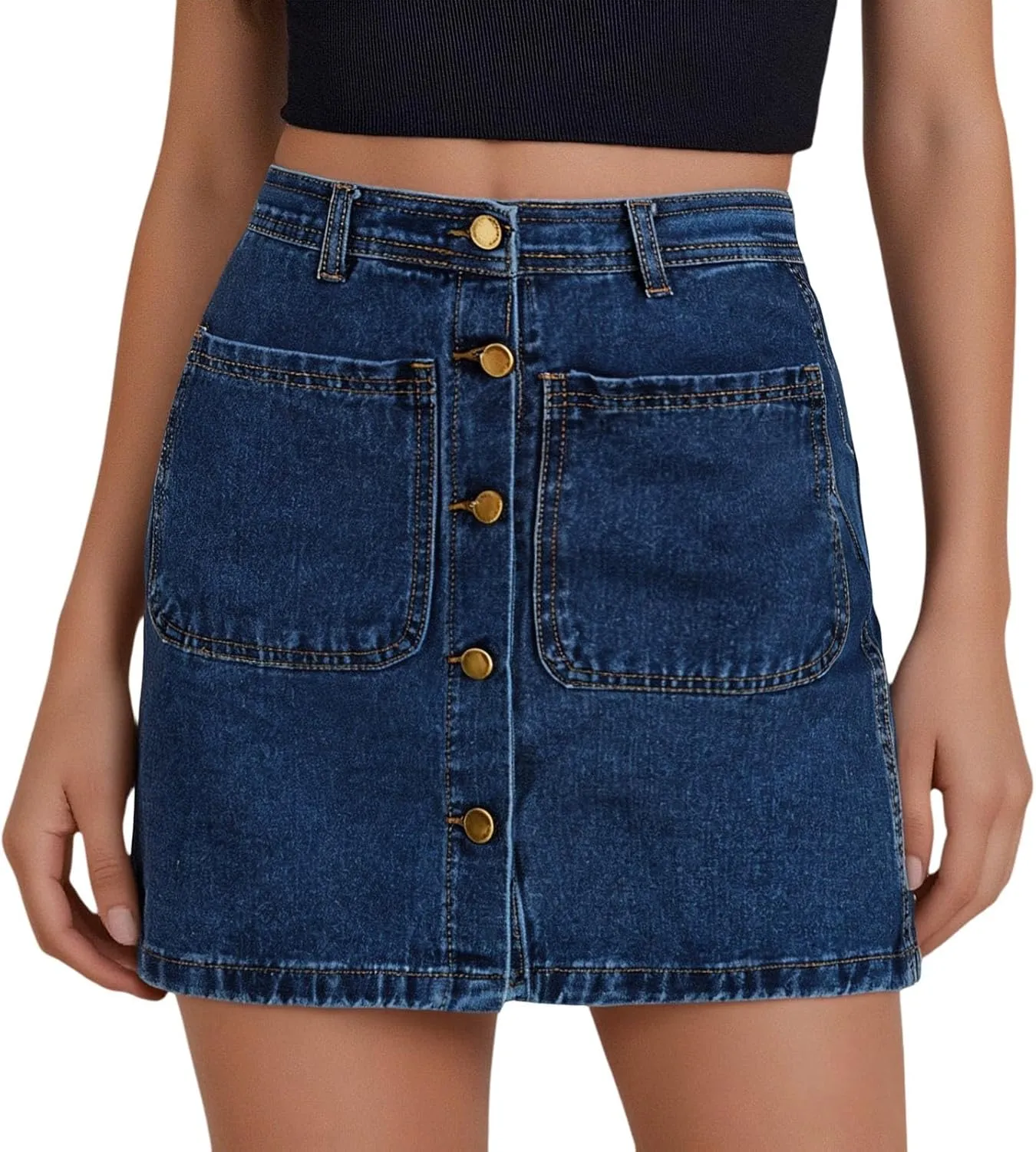 Women's Button Down High Waisted A Line Jean Stretchy Mini Denim Skirt Front Short Pencil Skirt with Pockets