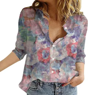 Womens Button Down Shirt Linen Shirt Roll Up Sleeve Down Blouses Tops Blue for Women Chambray Button