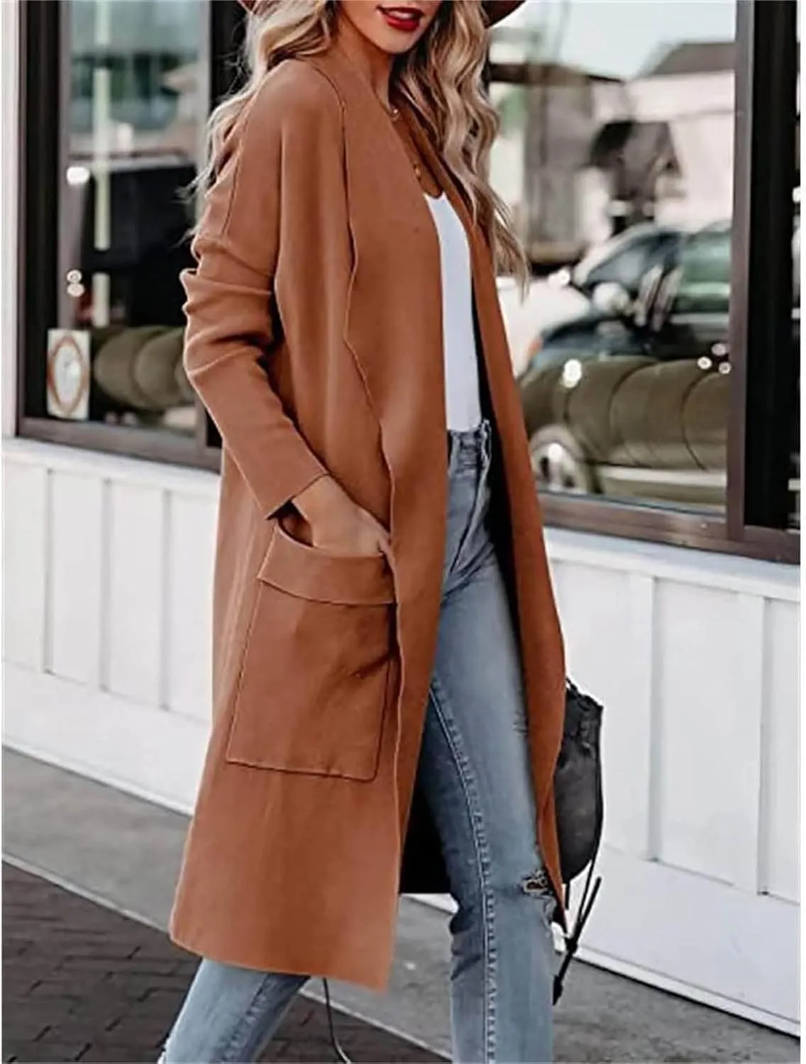 Women's Cardigan Sweater Casual Open Front Jackets Knitted Sweaters 2023 Fall Winter Lapel Trench Coat with Pockets
