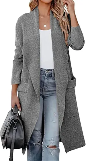 Women's Cardigan Sweater Casual Open Front Jackets Knitted Sweaters 2023 Fall Winter Lapel Trench Coat with Pockets