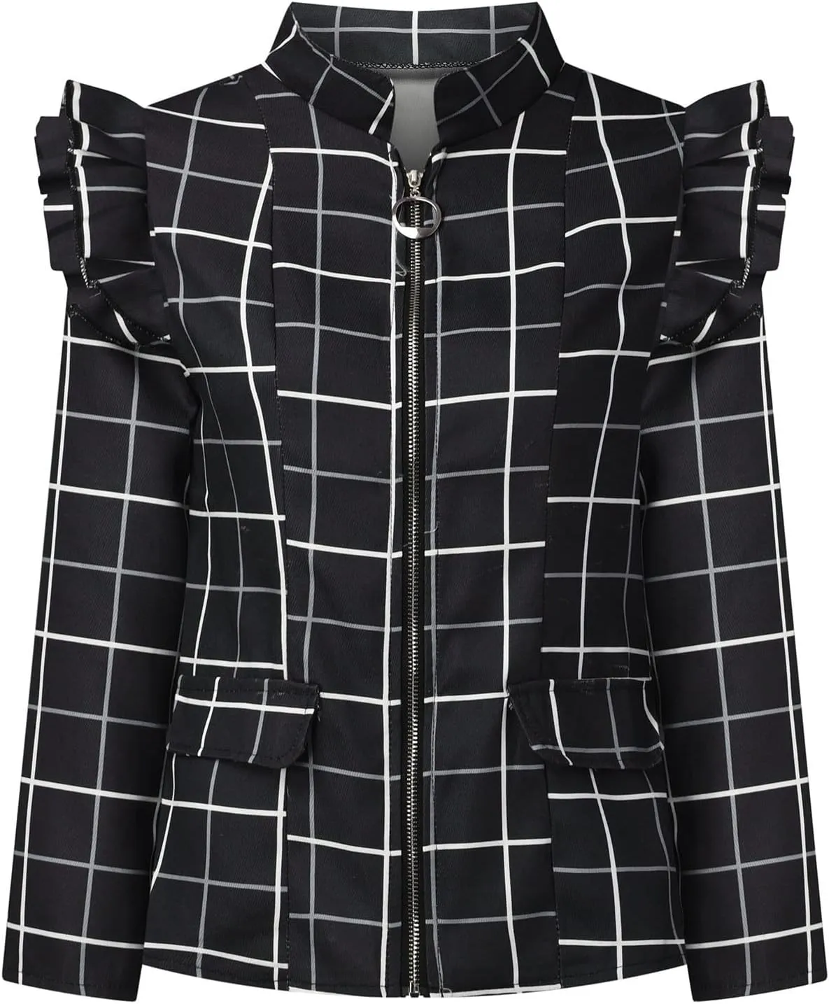 Womens Casual Blazers Fashion Print Ruffle Long Sleeve Open Front Work Office Blazer Bussiness Jackets with Pockets