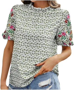Women's Casual Boho Floral Printed Mock Neck Tops Short Sleeve T Shirt Blouses 2024 Fashion Summer Loose Tunic Top