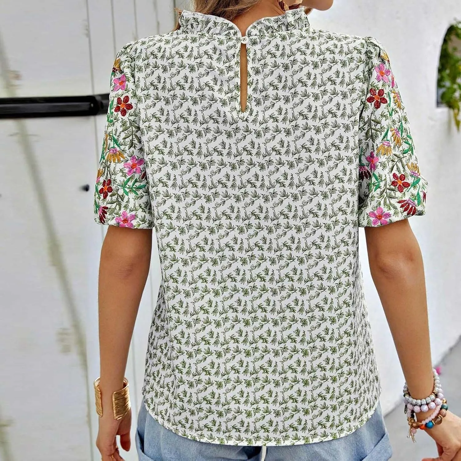 Women's Casual Boho Floral Printed Mock Neck Tops Short Sleeve T Shirt Blouses 2024 Fashion Summer Loose Tunic Top