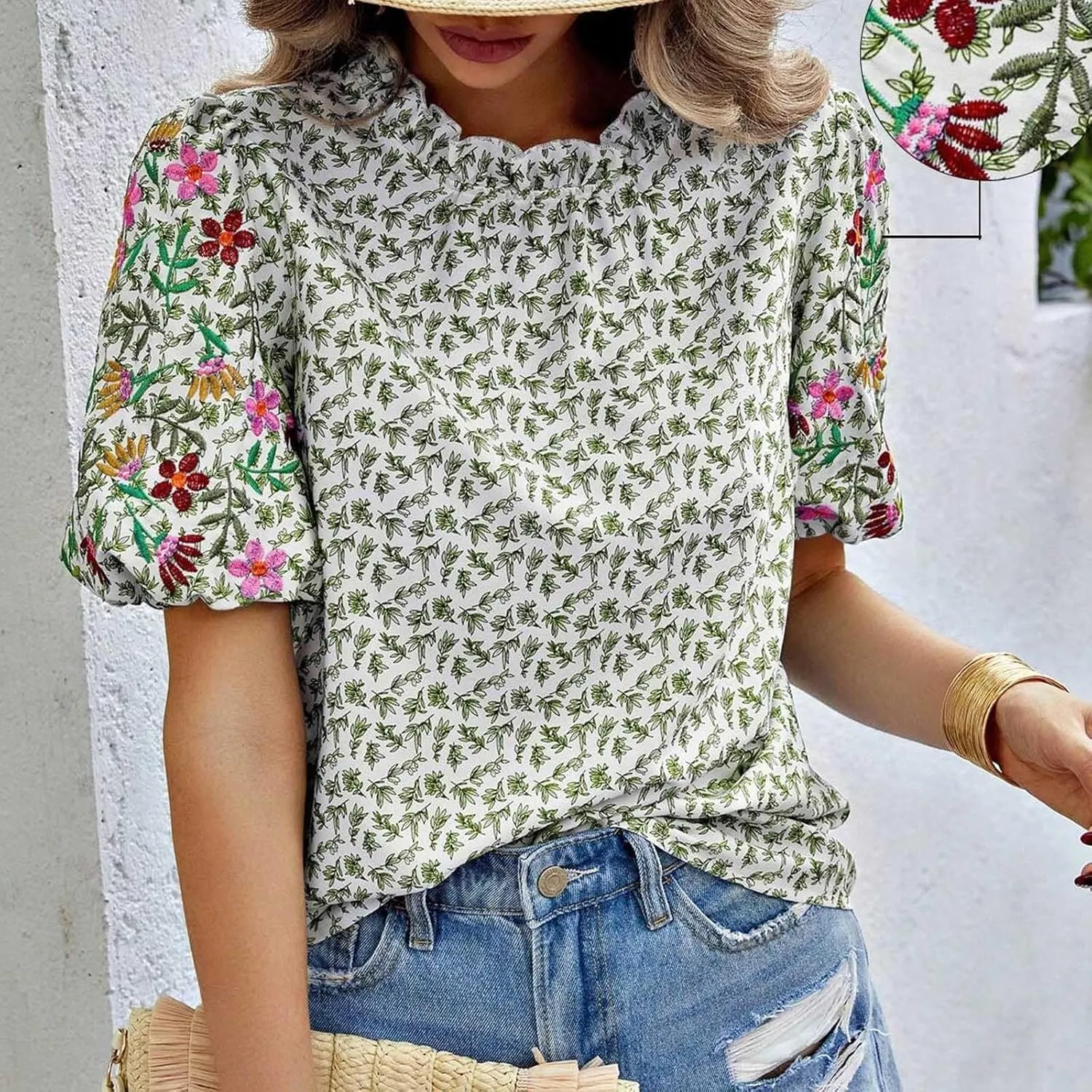 Women's Casual Boho Floral Printed Mock Neck Tops Short Sleeve T Shirt Blouses 2024 Fashion Summer Loose Tunic Top