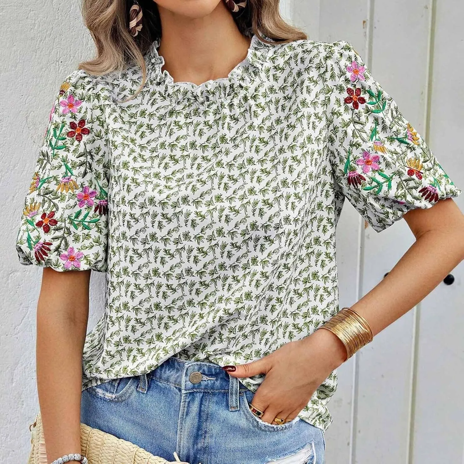 Women's Casual Boho Floral Printed Mock Neck Tops Short Sleeve T Shirt Blouses 2024 Fashion Summer Loose Tunic Top