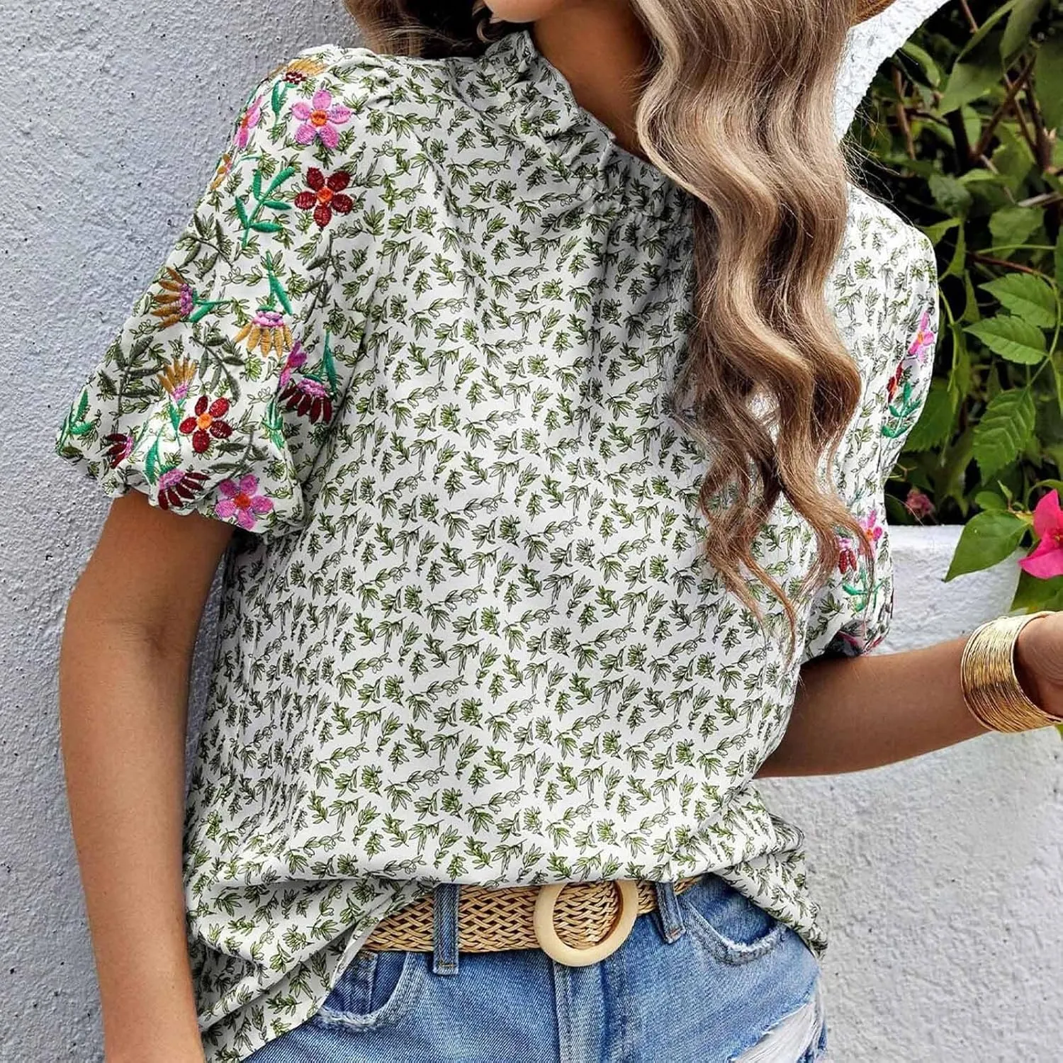 Women's Casual Boho Floral Printed Mock Neck Tops Short Sleeve T Shirt Blouses 2024 Fashion Summer Loose Tunic Top