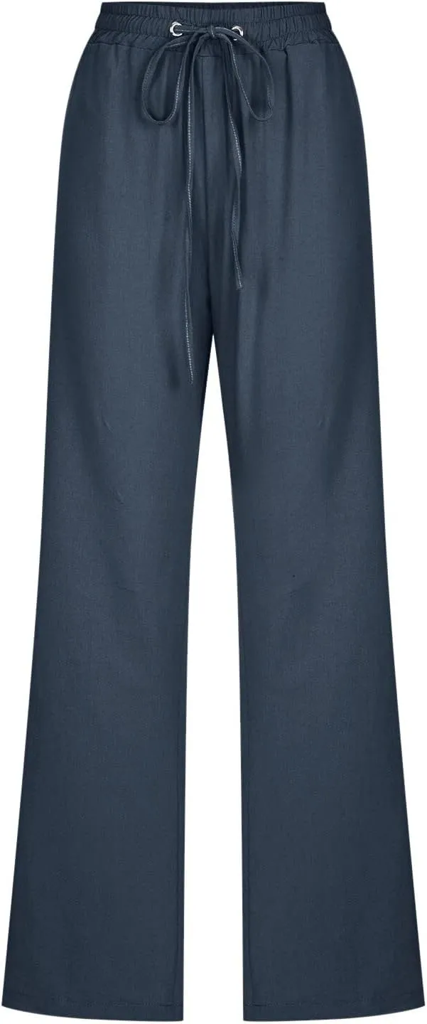 Womens Casual Cotton Linen Pants Lightweight Summer Relax Elastic Waist Plus Size Solid Lounge Long Trousers