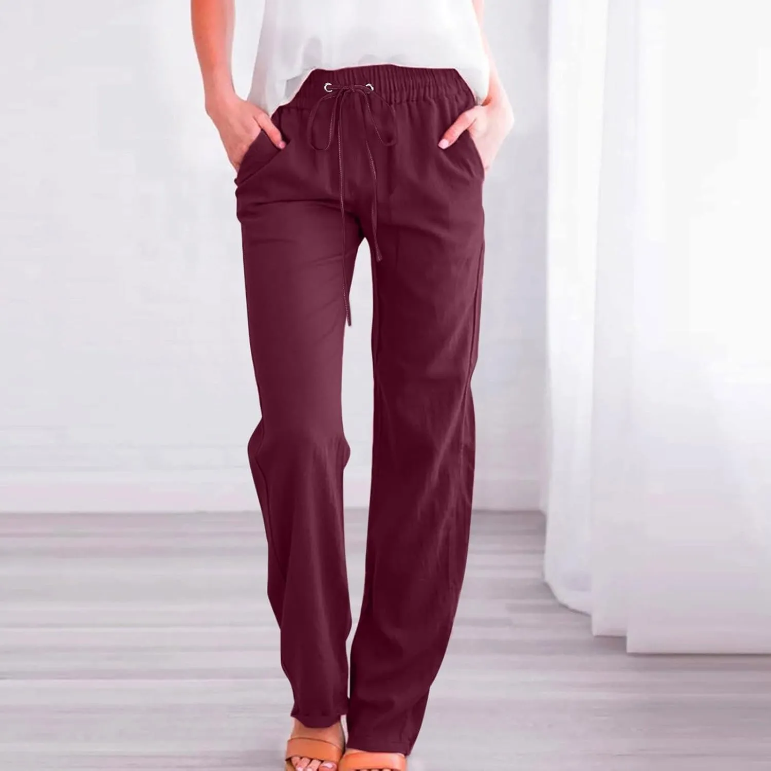 Womens Casual Cotton Linen Pants Lightweight Summer Relax Elastic Waist Plus Size Solid Lounge Long Trousers
