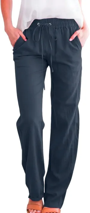 Womens Casual Cotton Linen Pants Lightweight Summer Relax Elastic Waist Plus Size Solid Lounge Long Trousers