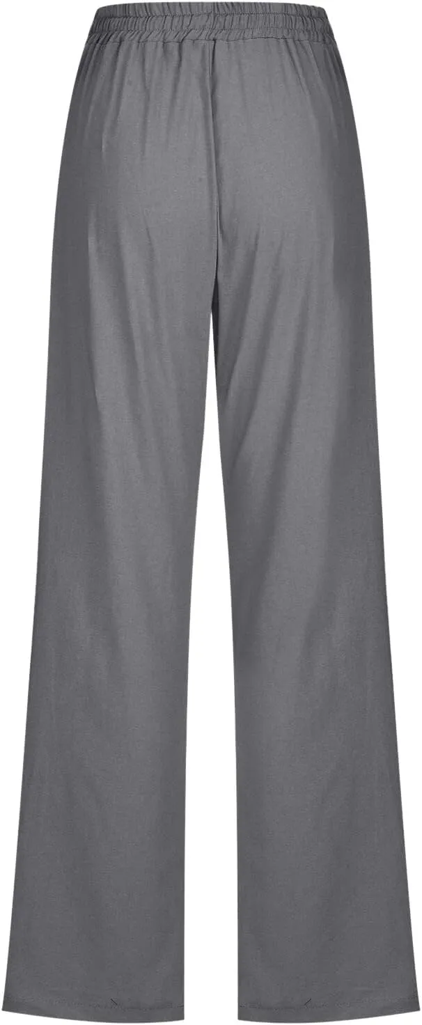 Womens Casual Cotton Linen Pants Lightweight Summer Relax Elastic Waist Plus Size Solid Lounge Long Trousers