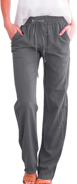 Womens Casual Cotton Linen Pants Lightweight Summer Relax Elastic Waist Plus Size Solid Lounge Long Trousers