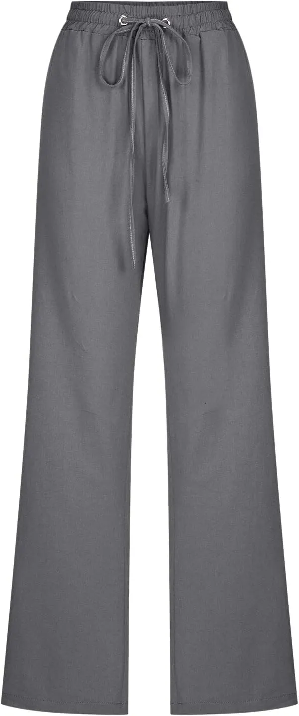 Womens Casual Cotton Linen Pants Lightweight Summer Relax Elastic Waist Plus Size Solid Lounge Long Trousers