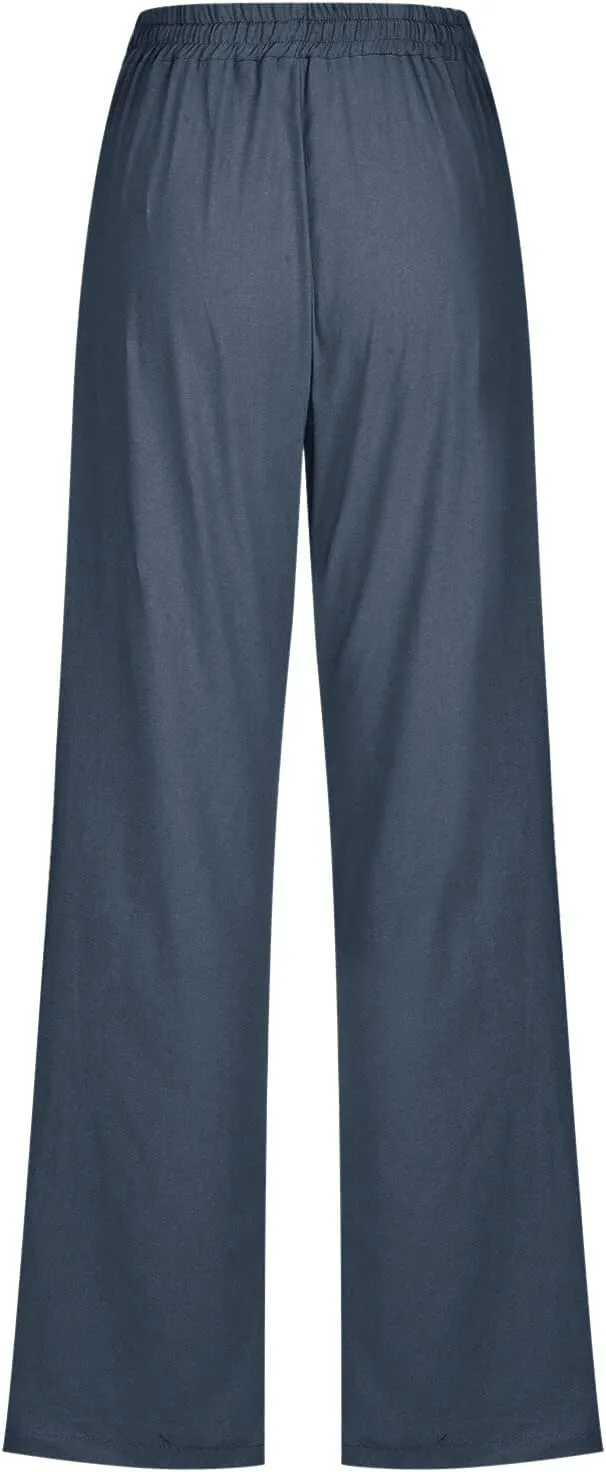 Womens Casual Cotton Linen Pants Lightweight Summer Relax Elastic Waist Plus Size Solid Lounge Long Trousers