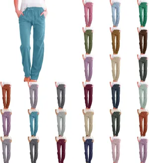 Womens Casual Cotton Linen Pants Lightweight Summer Relax Elastic Waist Plus Size Solid Lounge Long Trousers