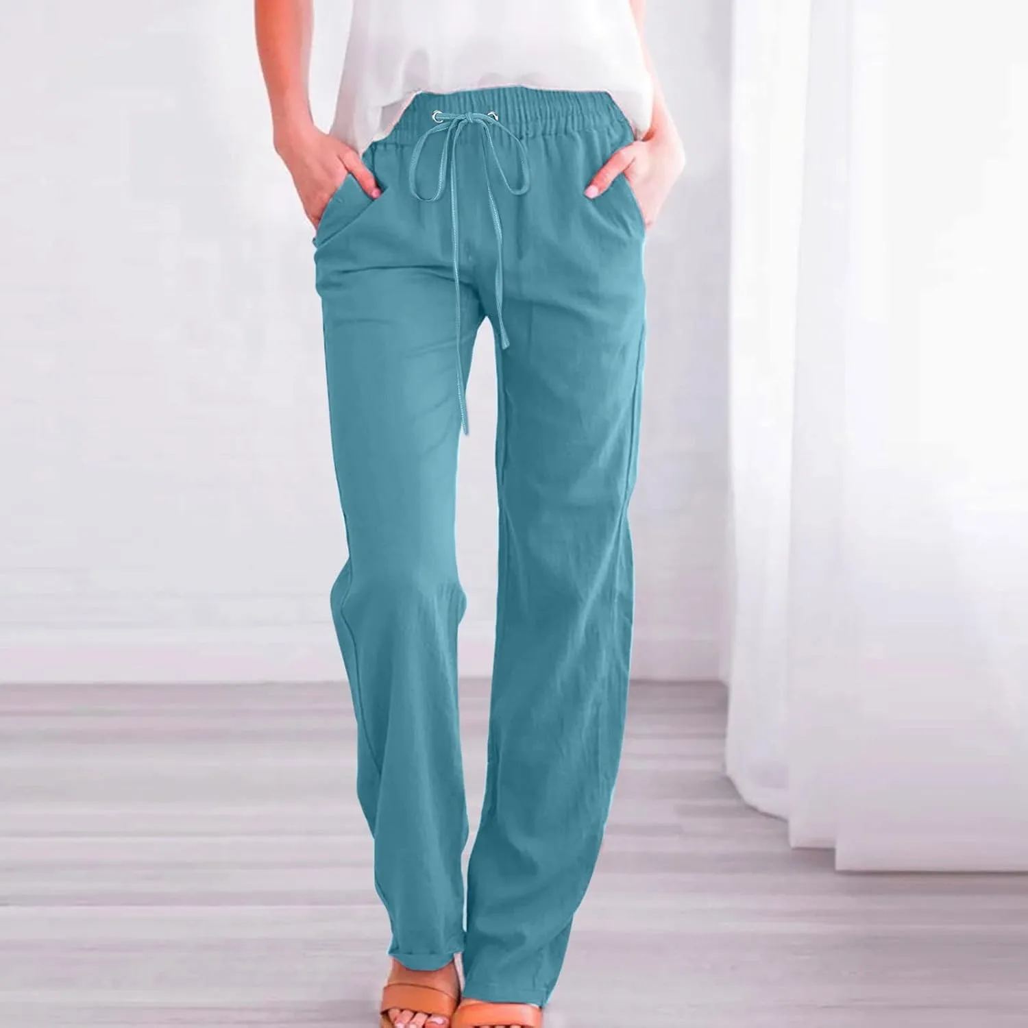 Womens Casual Cotton Linen Pants Lightweight Summer Relax Elastic Waist Plus Size Solid Lounge Long Trousers