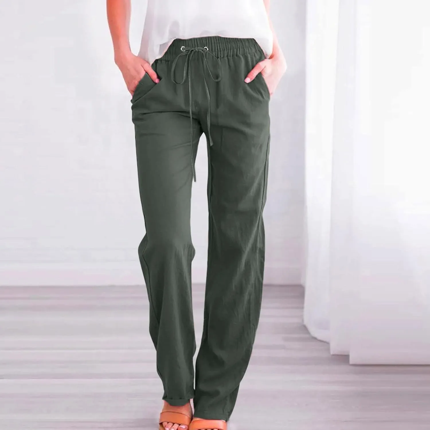 Womens Casual Cotton Linen Pants Lightweight Summer Relax Elastic Waist Plus Size Solid Lounge Long Trousers