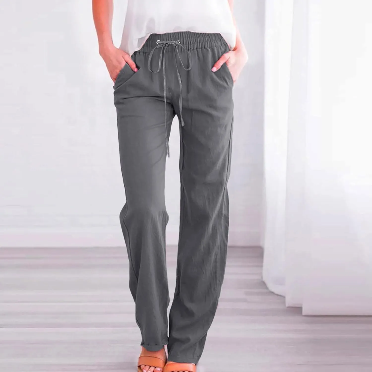 Womens Casual Cotton Linen Pants Lightweight Summer Relax Elastic Waist Plus Size Solid Lounge Long Trousers