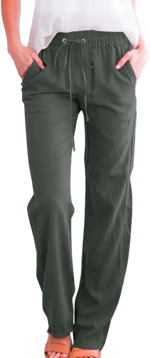 Womens Casual Cotton Linen Pants Lightweight Summer Relax Elastic Waist Plus Size Solid Lounge Long Trousers