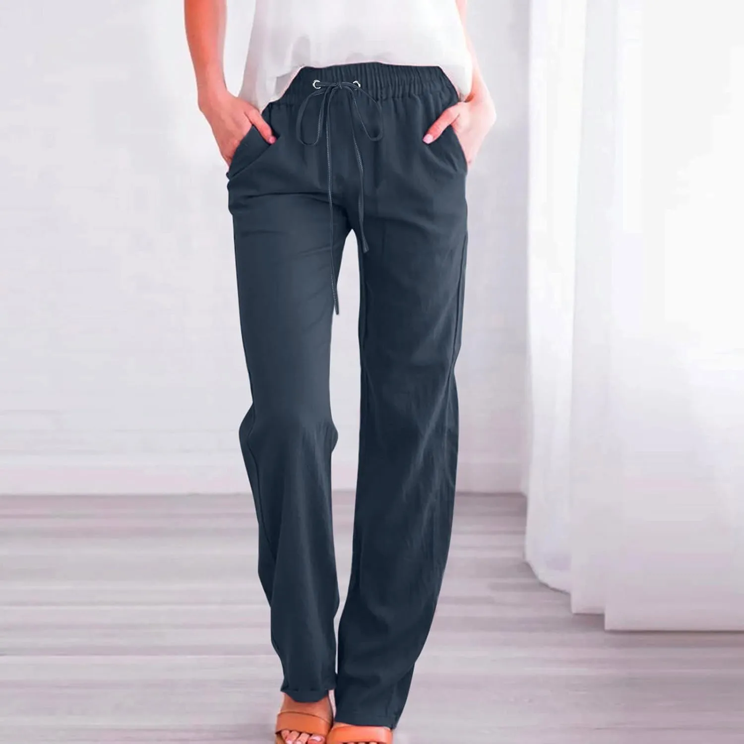 Womens Casual Cotton Linen Pants Lightweight Summer Relax Elastic Waist Plus Size Solid Lounge Long Trousers