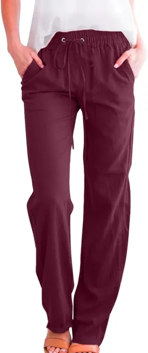 Womens Casual Cotton Linen Pants Lightweight Summer Relax Elastic Waist Plus Size Solid Lounge Long Trousers