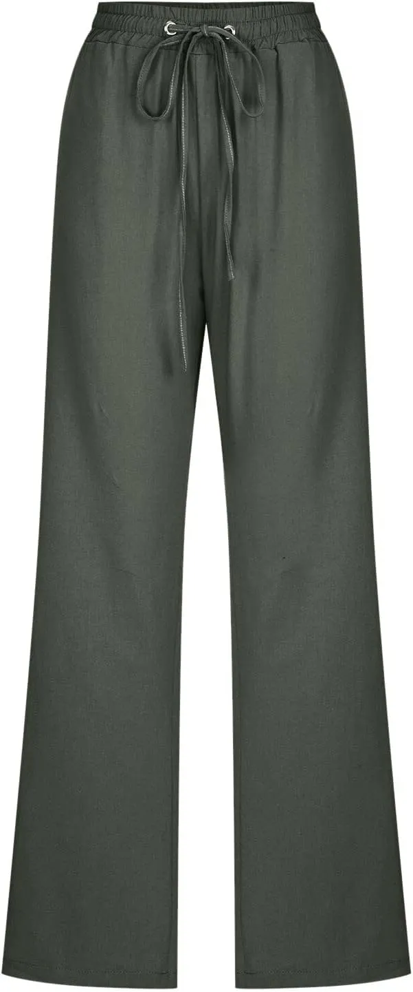 Womens Casual Cotton Linen Pants Lightweight Summer Relax Elastic Waist Plus Size Solid Lounge Long Trousers
