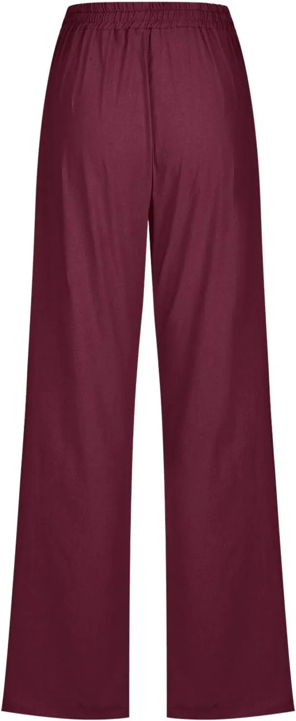 Womens Casual Cotton Linen Pants Lightweight Summer Relax Elastic Waist Plus Size Solid Lounge Long Trousers