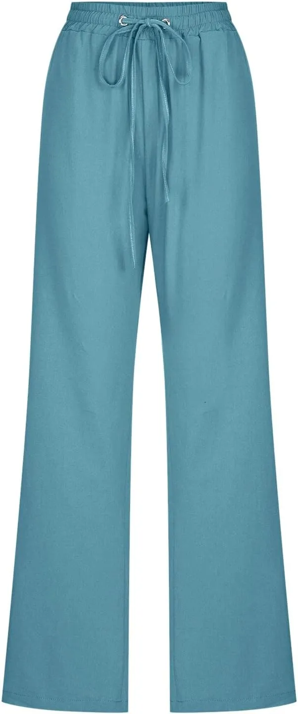 Womens Casual Cotton Linen Pants Lightweight Summer Relax Elastic Waist Plus Size Solid Lounge Long Trousers