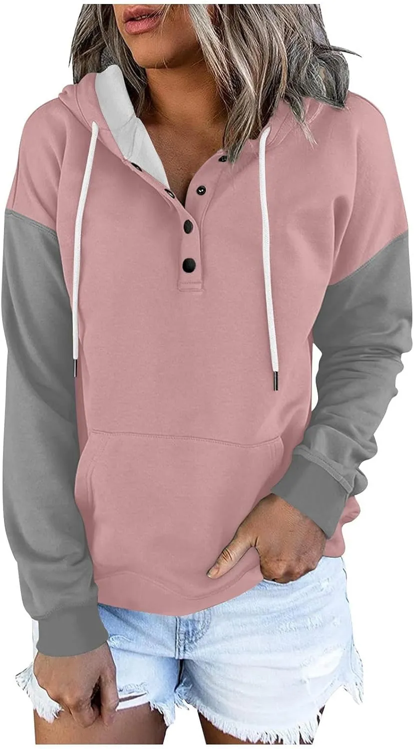 Women's Casual Oversized Hoodies Color Block Long Sleeve Sweatshirt Drawstring Hooded Large Pocket Pullover Top