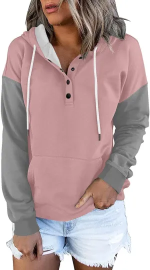 Women's Casual Oversized Hoodies Color Block Long Sleeve Sweatshirt Drawstring Hooded Large Pocket Pullover Top