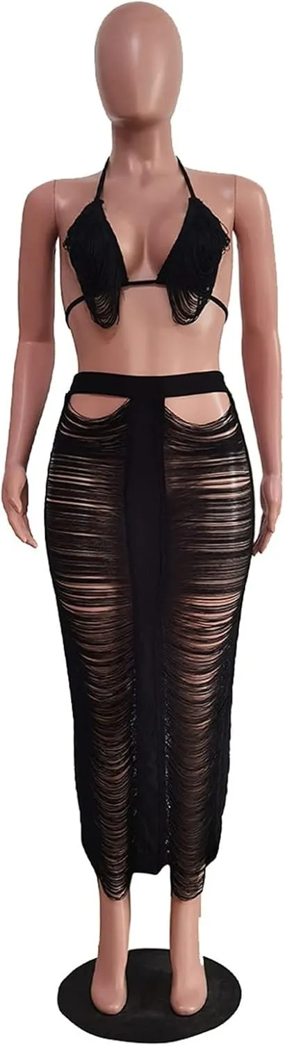 Women's Casual Sexy Fringe Tassel Beach Skirt Long Skirt Set Ladies Fashion Dresses