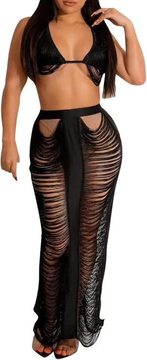 Women's Casual Sexy Fringe Tassel Beach Skirt Long Skirt Set Ladies Fashion Dresses