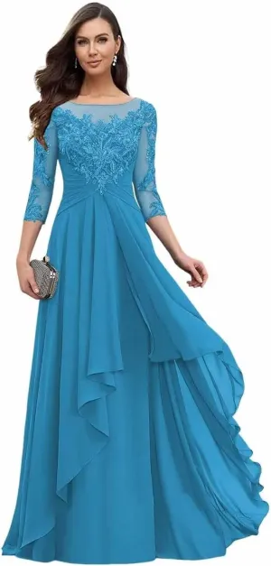 Women's Chiffon Mother of The Bride Dresses for Wedding Lace Appliques Long Sleeve Formal Evening Party Prom Dress