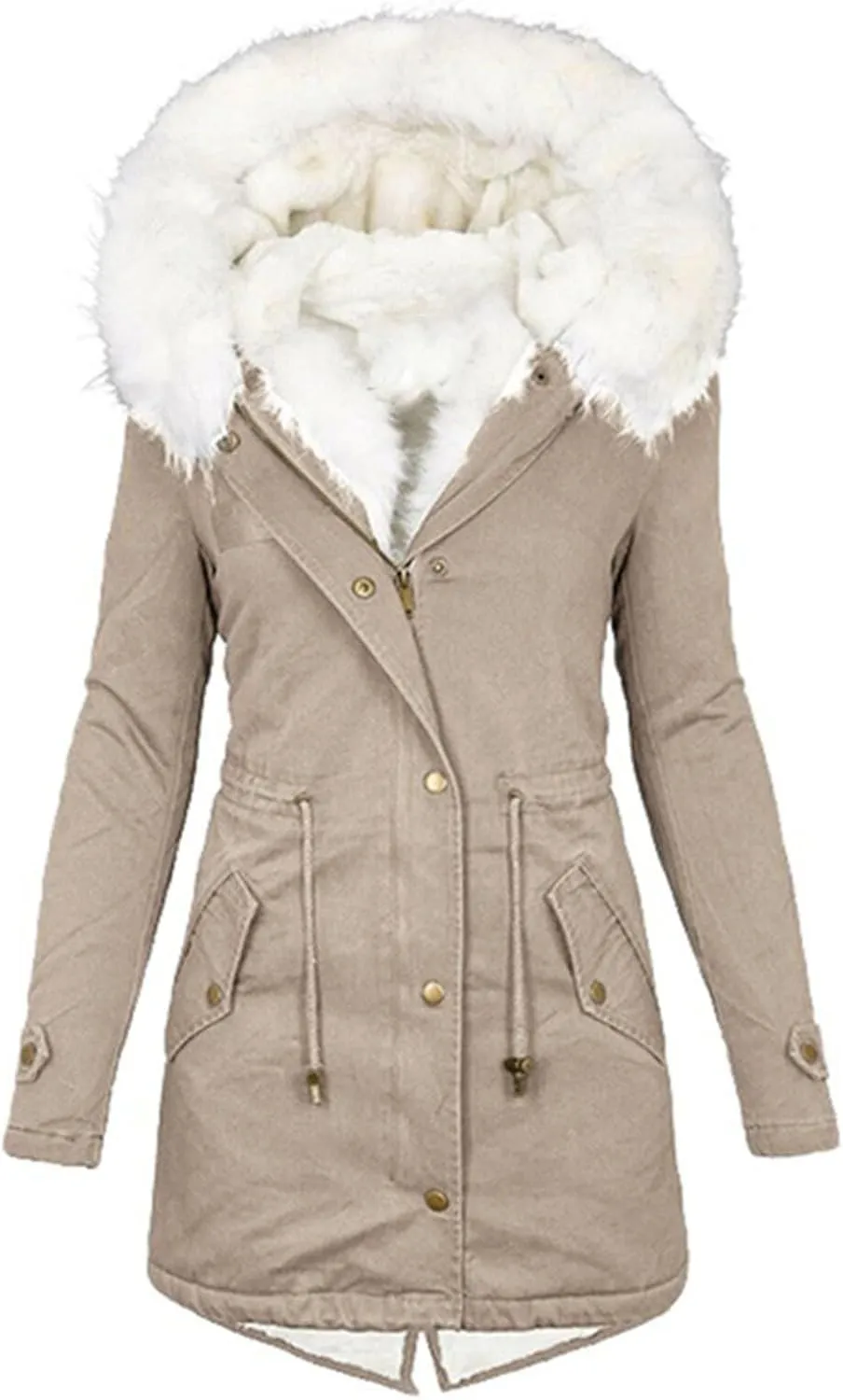 Womens Coats Plus Size Overcoats with Fur Hood Fleece Chunky Jackets Zipper Button Outerwear Winter Warm Jackets