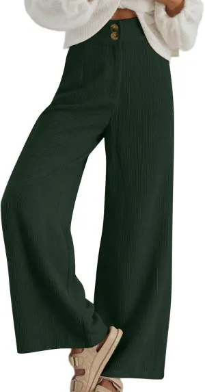 Womens Corduroy Pants Baggy Elastic Waist Wide Leg Pants Button Down Business Casual High Waisted Stretchy Work Pants