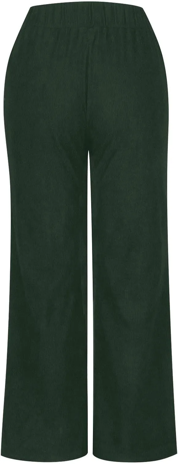 Womens Corduroy Pants Baggy Elastic Waist Wide Leg Pants Button Down Business Casual High Waisted Stretchy Work Pants