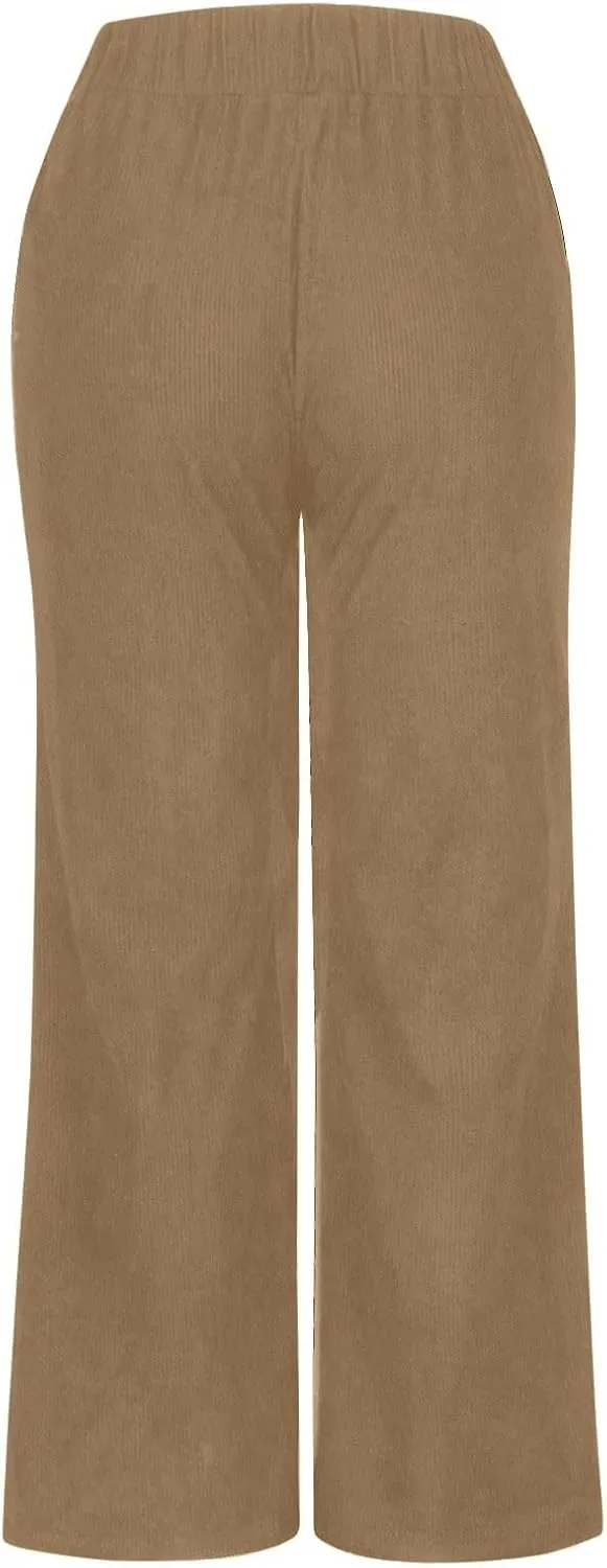 Womens Corduroy Pants Baggy Elastic Waist Wide Leg Pants Button Down Business Casual High Waisted Stretchy Work Pants