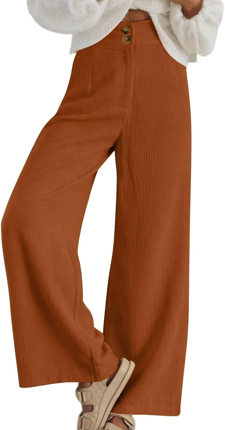 Womens Corduroy Pants Baggy Elastic Waist Wide Leg Pants Button Down Business Casual High Waisted Stretchy Work Pants