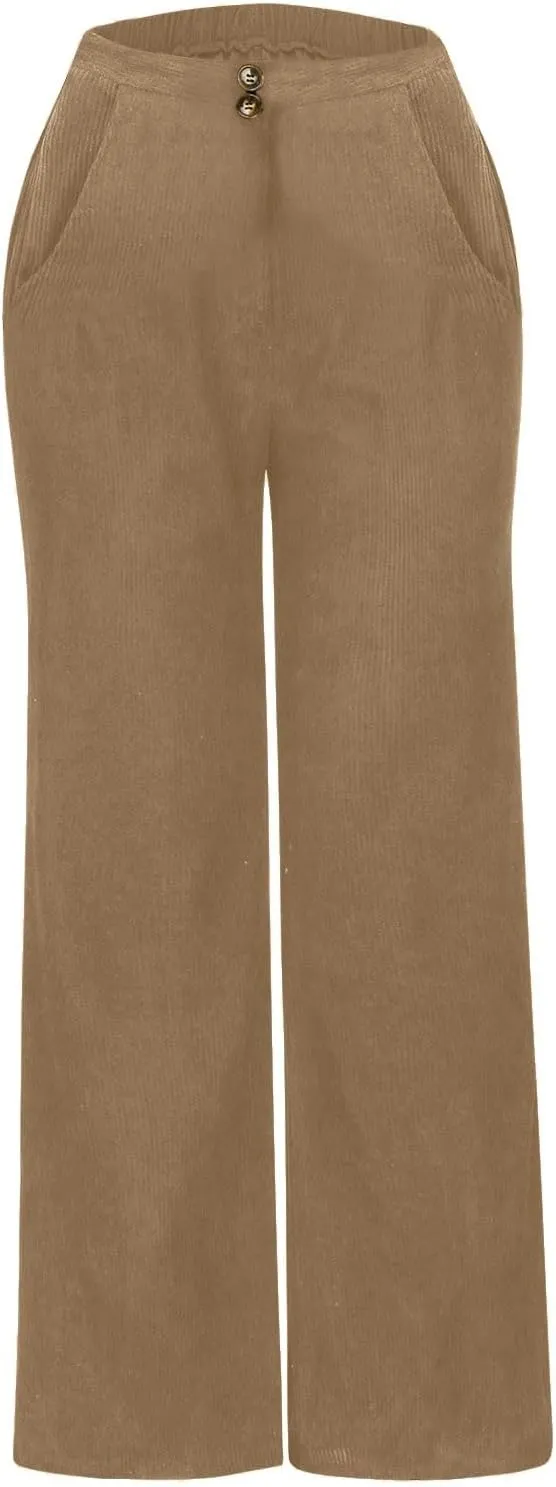 Womens Corduroy Pants Baggy Elastic Waist Wide Leg Pants Button Down Business Casual High Waisted Stretchy Work Pants